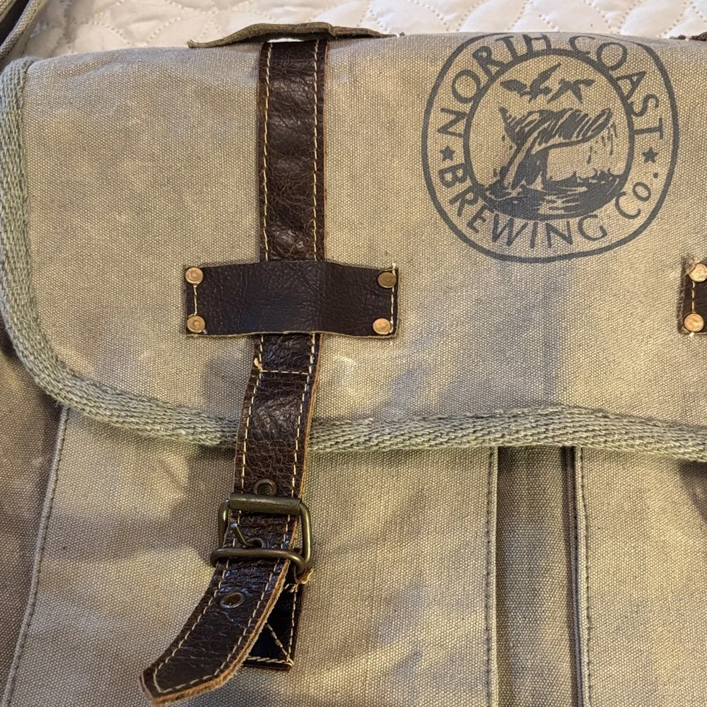 Canvas and Leather Messenger Bag - Khaki Green NWT North Coast Brewing Co Logo
